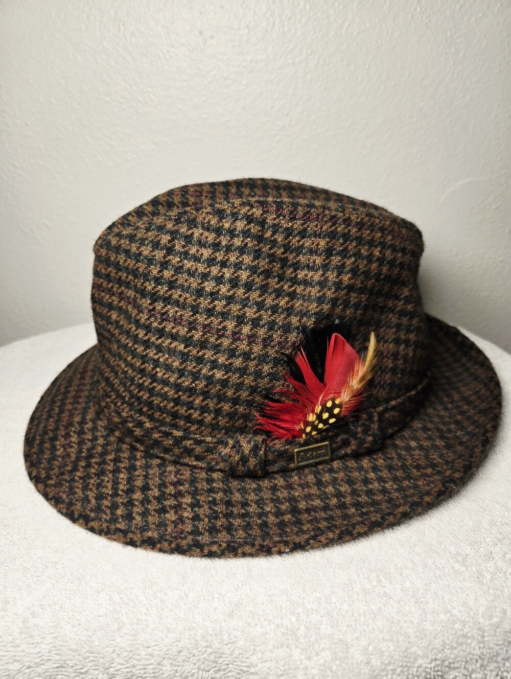 Vintage Adam New York Pure Wool Houndstooth Fedora Hat with Feather Accent Tweed
